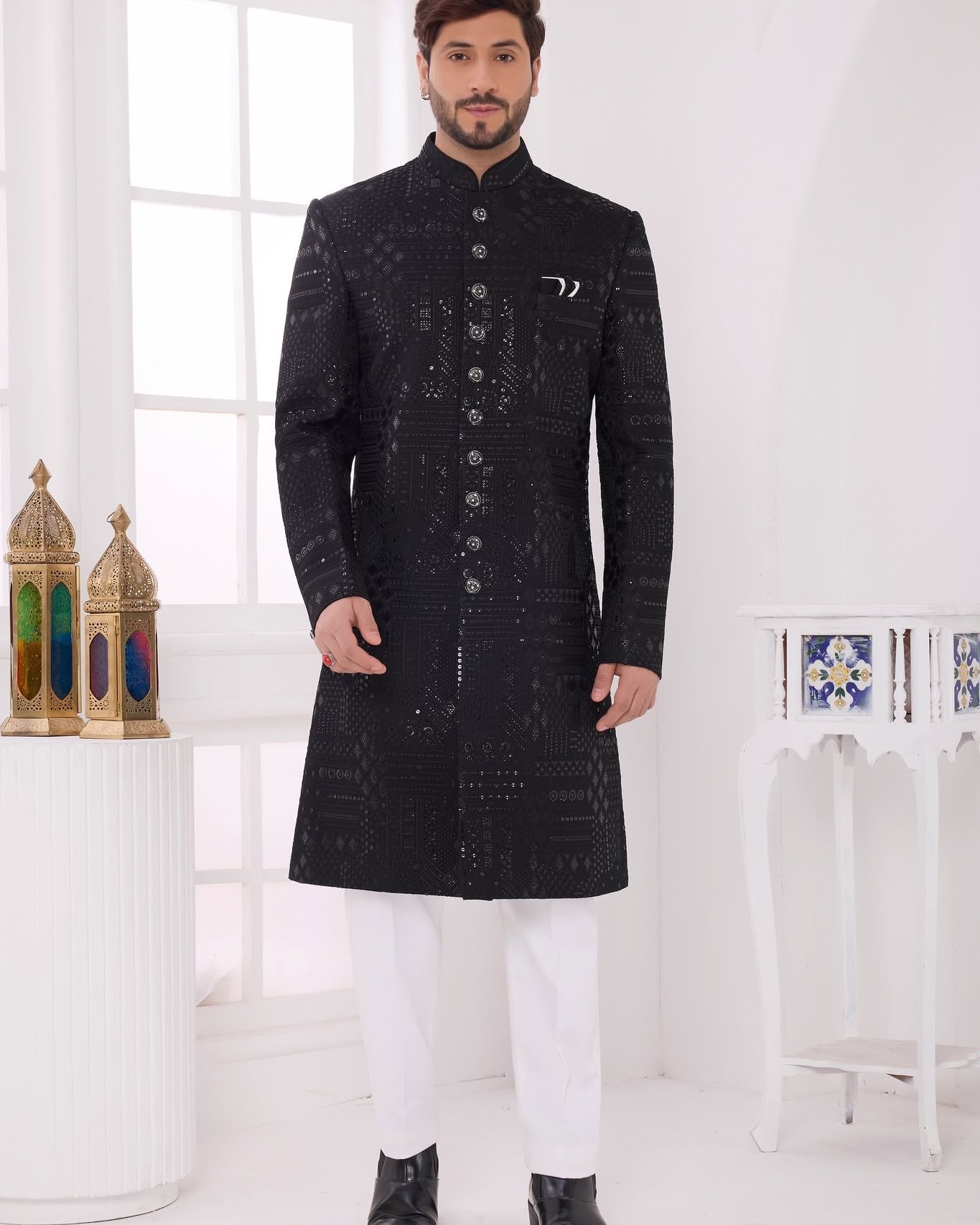 Elevate your party look with this stunning Black Designer Indo Western Jacket Set